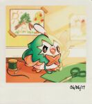  arm_up artist_name brown_eyes child&#039;s_drawing cosplay decidueye decidueye_(cosplay) highres indoors needle no_humans open_mouth pokemon pokemon_(creature) rowlet scissors sewing_needle standing teletelo watermark wings 