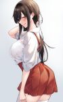  1girl akagi_(kancolle) ass back breasts brown_eyes brown_hair cowboy_shot hair_tucking hakama hakama_short_skirt hakama_skirt highres japanese_clothes kamidanomi kantai_collection large_breasts long_hair looking_at_viewer looking_back red_hakama skirt smile straight_hair white_background 