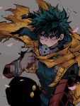  1boy adjusting_clothes arm_between_legs backpack bag bags_under_eyes bangs belt bodysuit boku_no_hero_academia bright_pupils cape chiyaya closed_mouth clothes_grab dust falling_petals floating_cape floating_hair freckles frown gloves green_bodysuit green_eyes green_hair grey_background hair_between_eyes hand_up highres looking_to_the_side male_focus midoriya_izuku official_alternate_costume petals red_belt scratches short_hair sideways_glance simple_background solo spoilers squatting torn_cape torn_clothes torn_sleeves upper_body utility_belt white_pupils wind yellow_bag yellow_cape 