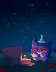  artist_name cake candle colored_sclera english_commentary flower food full_body gengar grass graveyard grin hat highres night outdoors party_hat pokemon red_flower red_sclera sad_smile smile standing tearing_up teeth teletelo tombstone watermark 
