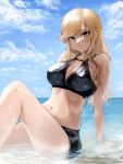  1girl absurdres arm_support bare_legs beach bikini black_bikini blonde_hair blue_eyes blue_sky breasts cleavage cloud highres horizon idolmaster idolmaster_shiny_colors knee_up lamp_p9 large_breasts long_hair looking_at_viewer navel ohtsuki_yui on_ground outdoors reflection reflective_water refraction sideboob sitting sky solo swimsuit very_long_hair water_drop wavy_hair 