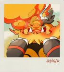  &gt;_&lt; :d breathing_fire closed_eyes dated emboar fangs fire hands_up highres multicolored_background open_mouth outdoors pokemon pokemon_(creature) shiny_skin smile starry_background teeth teletelo tusks 