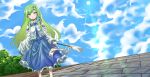  1girl alternate_eye_color bangs blue_skirt blue_sky blush breasts brick_floor bush closed_mouth cloud collared_shirt commentary_request day detached_sleeves dutch_angle feet_out_of_frame frilled_skirt frills frog_hair_ornament gohei green_hair hair_ornament highres holding kochiya_sanae long_hair long_skirt looking_at_viewer medium_breasts outdoors shirt single_hair_tube skirt sky sleeveless sleeveless_shirt smile snake_hair_ornament solo sun terumaeromae touhou white_shirt white_sleeves yellow_eyes 