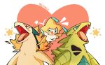  :q ;q artist_name english_commentary fangs green_eyes heart highres looking_at_viewer no_humans one_eye_closed open_mouth pokemon star_(symbol) teeth teletelo tongue tongue_out typhlosion tyranitar white_background 