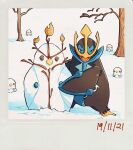 :d artist_name dated empoleon english_commentary full_body green_eyes highres leaf open_mouth outdoors piplup pokemon pokemon_(creature) smile snowman solo sparkling_eyes standing teletelo tree winter 