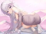  1girl ass back backless_outfit bandaged_arm bandages bare_back bare_shoulders breasts detached_sleeves dress feet from_behind grey_sweater highres indie_virtual_youtuber large_breasts long_hair long_sleeves looking_at_viewer looking_back meme_attire naito_mare_(vtuber) no_shoes purple_eyes solo sweater sweater_dress thighhighs tongue tongue_out very_long_hair virgin_killer_sweater virtual_youtuber white_hair white_thighhighs zukan_(db_tyoutyo) 