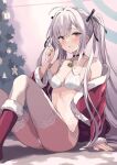  1girl bell boots bra breasts christmas commentary_request highres long_hair looking_at_viewer neck_bell original rasahan red_eyes red_footwear revision sitting small_breasts solo thighhighs thighs twintails underwear white_bra white_hair white_thighhighs 