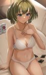  1girl beer_can blush bob_cut bra breasts can cleavage condom condom_wrapper green_hair hand_on_own_chest heterochromia highres idolmaster idolmaster_cinderella_girls indoors kamoromance614 medium_breasts mole mole_under_eye on_bed panties sitting smile solo takagaki_kaede underwear underwear_only white_bra white_panties 