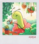  :d closed_eyes cup dated duplicate holding holding_watering_can looking_at_another meganium nature oddish open_mouth outdoors plant pokemon pokemon_(creature) potted_plant rowlet sleeping smile snivy table teletelo watering_can zzz 