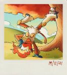  :d artist_name black_eyes cloud commentary dated grass handstand happy highres hill infernape one_arm_handstand outdoors pokemon pokemon_(game) smile starly teeth teletelo tree 