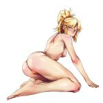  1girl ass barefoot blonde_hair blue_eyes blush breasts commentary fate/grand_order fate_(series) from_behind full_body hair_ornament hair_scrunchie highres kneeling looking_at_viewer looking_back medium_breasts mordred_(fate) mordred_(fate/apocrypha) nipples panties ponytail sbel02 scrunchie simple_background soles solo symbol-only_commentary topless underwear white_background yellow_panties 