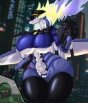  anthro armor big_breasts big_butt breasts butt city clothed clothing curvy_figure dialogue duo english_text female headgear helmet hi_res huge_breasts human looking_at_viewer machine male mammal outside robot smile text thick_thighs unknown_species vf-01s wide_hips wings 
