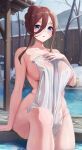  1girl :o absurdres arm_support blue_eyes blush breasts brown_hair collarbone completely_nude covered_nipples covering go-toubun_no_hanayome groin hair_bun highres hiyoku large_breasts looking_at_viewer nakano_miku nude nude_cover onsen outdoors sidelocks single_hair_bun sitting snowing 