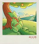  artist_name berry closed_eyes closed_mouth grass highres no_humans outdoors pokemon pokemon_(creature) sceptile sitting sky sleeping smile solo star_(sky) starry_sky sunset teletelo tree 