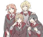  4girls ;3 absurdres asymmetrical_hair bangs behind_another black_hair blonde_hair blunt_bangs blush bob_cut braid braided_bun closed_eyes closed_mouth finger_to_cheek fist_pump grey_eyes grin gryffindor gyaru hair_between_eyes hair_bun hair_ribbon hand_on_another&#039;s_head happy harry_potter_(series) highres hogwarts_school_uniform light_brown_hair long_hair love_live! love_live!_nijigasaki_high_school_idol_club medium_hair miyashita_ai multiple_girls nakasu_kasumi one_eye_closed one_side_up open_mouth orange_hair pointing pointing_at_self pout purple_eyes ribbon school_uniform short_hair short_ponytail sidelocks single_side_bun sketch smile solllolll sweatdrop swept_bangs uehara_ayumu v_arms white_background yellow_eyes yuuki_setsuna_(love_live!) 