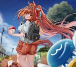  1girl animal_ears ass backpack bag bangs blue_sky blurry blurry_background blurry_foreground bow breasts brown_hair closed_mouth covered_nipples crossover daiwa_scarlet_(umamusume) day fang floating_hair from_behind fuecoco hair_bow hair_intakes hair_ornament highres holding holding_poke_ball horse_ears horse_girl horse_tail large_breasts long_hair looking_at_viewer looking_back outdoors peeking_out poke_ball poke_ball_(basic) pokemon pokemon_(creature) pokemon_(game) pokemon_sv quaxly red_eyes school_uniform shirt short_sleeves shorts size_difference skin_fang sky smile sprigatito standing tabunshake tail tiara twintails umamusume uva_academy_school_uniform very_long_hair white_shirt 
