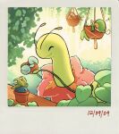  :d closed_eyes cup dated duplicate highres holding holding_watering_can looking_at_another meganium nature oddish open_mouth outdoors plant pokemon pokemon_(creature) potted_plant rowlet sleeping smile snivy table teletelo watering_can zzz 