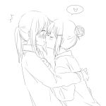  2girls blush greyscale hair_bun heart hug inuko_(ink0425) licking licking_another&#039;s_face licking_another&#039;s_lips monochrome multiple_girls original ponytail profile sketch spoken_heart sweatdrop upper_body 