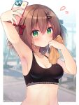  1girl arm_up armpits bangs bare_arms bare_shoulders blurry blurry_background blush bow breasts brown_hair cellphone cleavage closed_mouth clothes_writing collarbone commentary_request depth_of_field flying_sweatdrops green_eyes hair_between_eyes hair_bow hair_ornament hairclip hand_up highres holding holding_phone holding_towel izumiyuhina looking_at_viewer medium_breasts nail_polish original phone pink_nails red_bow romaji_text selfie solo sports_bra towel twitter_username two_side_up upper_body x_hair_ornament 