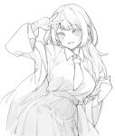  1girl breasts collared_shirt greyscale hair_behind_ear highres jacket leaning_to_the_side long_hair looking_at_viewer medium_breasts monochrome necktie nosir_onadat open_mouth original pleated_skirt shirt shirt_tucked_in skirt solo v 