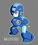  1boy arm_cannon blue_bodysuit blue_eyes blue_footwear blue_gloves bodysuit boots closed_mouth full_body gloves green_outline grey_background helmet mawaru_(mawaru) mega_man_(character) mega_man_(classic) mega_man_(series) outline simple_background solo weapon 