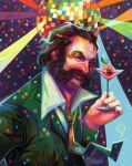  1boy absurdres artist_name beard brown_hair cocktail_glass confetti cup disco_ball disco_elysium drinking_glass facial_hair formal green_suit harry_du_bois highres holding holding_cup kikicolors looking_at_viewer male_focus mutton_chops necktie smile solo suit upper_body yellow_necktie 