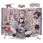  1girl 3boys apple artist_name atelier_(series) atelier_marie blonde_hair blue_eyes book book_stack bottle bracelet breasts broom brown_hair cauldron character_request cleavage closed_mouth crossed_legs dragon erlenmeyer_flask flask food fruit full_body hair_ornament hairband holding holding_book holding_bottle jewelry long_hair looking_at_object low-tied_long_hair marie_(atelier) medium_breasts miniboy multiple_boys nut_(food) official_art open_book open_mouth ouse_kohime ponytail puni_(atelier) robe simple_background sitting slime_(creature) smile tongue tongue_out white_background wide_sleeves 