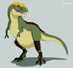  ambiguous_gender belly big_belly dinosaur feral full-length_portrait glistening glistening_eyes green_body green_tail open_mouth portrait reptile roobin scalie shadow simple_background solo tail teeth yellow_body yellow_tail 