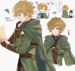 annoyed ashlan_(octopath_traveler) belt blonde_hair brown_eyes brown_undershirt cat cloak crescent crescent_pin elbow_gloves fingerless_gloves gem gloves glowing gold_trim green_cloak green_tunic hat jewelry letter looking_at_another looking_at_object looking_at_viewer mortarboard octopath_traveler octopath_traveler:_champions_of_the_continent ring short_hair simple_background sweatdrop wspread 