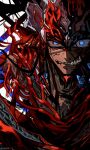  1boy absurdres black_hair blood_vessels blue_eyes camazotz_(fate) clenched_teeth crazy_eyes dark-skinned_male dark_skin eeju fate/grand_order fate_(series) glaring highres long_hair looking_at_viewer male_focus monster_boy sharp_teeth simple_background solo tattoo teeth twitter_username uneven_eyes upper_body white_background wide-eyed 