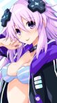  1girl adult_neptune blush breasts cleavage d-pad d-pad_hair_ornament hair_between_eyes hair_ornament hood hooded_jacket iwashi_dorobou_-r- jacket long_hair looking_at_viewer medium_breasts neptune_(series) open_clothes open_jacket purple_eyes purple_hair shin_jigen_game_neptune_vii smile solo sweat upper_body very_long_hair 