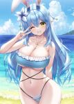  1girl absurdres ahoge animal_ears bangs beach bikini blue_bikini blue_hair blue_sky breasts cleavage cloud collarbone day fake_animal_ears flower frilled_bikini frills grin hair_flower hair_ornament heart heart_ahoge highleg highleg_bikini highres hololive jewelry large_breasts long_hair looking_at_viewer multicolored_hair nail_polish navel necklace ocean one_eye_closed outdoors pointy_ears rabbit_ears sky smile solo standing streaked_hair swimsuit uehiro v very_long_hair virtual_youtuber yellow_eyes yukihana_lamy 