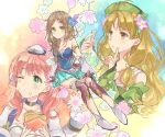  3girls armlet atelier_(series) atelier_ayesha atelier_escha_&amp;_logy atelier_firis ayesha_altugle bare_shoulders blonde_hair boots braid breasts brown_eyes brown_hair choker cleavage closed_mouth crepe detached_sleeves escha_malier finger_to_mouth firis_mistlud flask flower food green_eyes hair_flower hair_ornament hair_over_shoulder hani_(udauda) hat long_hair multiple_girls one_eye_closed pink_hair round-bottom_flask single_braid skirt twintails white_headwear 