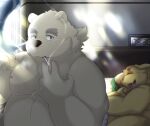  2023 anthro bear bed belly big_belly canid canine canis cu_sith_(tas) domestic_dog duo eyes_closed furniture kemono leib_(tas) lifewonders lying male mammal moobs nipples overweight overweight_male polar_bear sleeping smoking tokyo_afterschool_summoners tolsche ursine white_body 