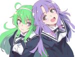  2girls :d a.k.a.zkin ahoge assault_lily bangs banshouya_ena black_ribbon black_skirt blush breasts closed_mouth commentary_request cropped_jacket green_eyes green_hair hair_between_eyes hair_ribbon hairband heads_together high-waist_skirt highres juliet_sleeves long_hair long_sleeves looking_at_another looking_at_viewer looking_to_the_side medium_breasts multiple_girls neck_ribbon open_mouth pink_ribbon puffy_sleeves purple_eyes purple_hair ribbon school_uniform shirt side-by-side sidelocks sideways_glance simple_background skirt smile standing tanaka_ichi tress_ribbon upper_body v-shaped_eyebrows v_arms very_long_hair wavy_mouth white_background white_hairband white_shirt yurigaoka_girls_academy_school_uniform 