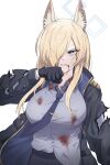  1girl absurdres animal_ears black_gloves blonde_hair blood blood_from_mouth blood_on_clothes blue_archive blue_eyes breasts dog_ears gloves hair_over_one_eye hasarang highres kanna_(blue_archive) large_breasts long_hair necktie notched_ear sharp_teeth shirt_partially_tucked_in teeth torn_clothes torn_coat white_background 
