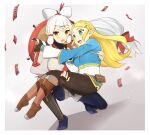 2girls :o bangs black_pants blonde_hair blurry blurry_background blush braid breasts brown_gloves brown_pants carrying eye_symbol facial_mark fingerless_gloves forehead_mark gloves green_eyes hair_ornament hairclip highres holding hyrule_warriors:_age_of_calamity impa large_breasts long_hair multiple_girls one_knee open_mouth pants pantyhose pointy_ears princess_carry princess_zelda red_eyes sheikah shorts teeth the_legend_of_zelda the_legend_of_zelda:_breath_of_the_wild ttanuu. upper_teeth_only white_hair 