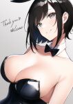  1girl absurdres bangs bare_shoulders black_hair blush breasts cleavage collarbone commentary_request english_text grey_eyes head_tilt highres large_breasts leone_(kamina0205) looking_at_viewer original playboy_bunny short_hair simple_background smile solo swept_bangs 