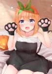  1girl animal_hands bangs bare_arms bed_sheet black_dress black_headwear blue_eyes blush breasts cat_tail collarbone commentary dress eyelashes fur-trimmed_dress fur_trim gloves go-toubun_no_hanayome green_hairband green_ribbon hair_between_eyes hairband halloween hands_up highres indoors large_breasts lens_flare light_particles looking_at_viewer medium_hair nakano_yotsuba open_mouth orange_hair paw_gloves pumpkin ribbon sitting sleeveless sleeveless_dress smile solo sparkle straight_hair tail umineco_1 wariza 
