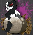  2022 absurd_res anthro bear big_diaper black_body black_eyes black_nose blush clothed clothing danganronpa diaper diaper_fetish diaper_only feces full_diaper genetic_chimerism grin hand_on_diaper hi_res law_azure looking_back male mammal messy_diaper monokuma multicolored_body pooping red_eyes smile soiled_diaper soiling solo sound_effects split_color standing teeth topless touching_diaper two_tone_body white_body 
