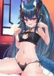  1girl animal_ear_fluff animal_ears bangs bell black_ribbon blue_hair blurry blurry_background blush breasts cat_ears cat_lingerie commentary_request dragon_girl dragon_horns dragon_tail fang hair_ornament hands_up highres horns indoors isekai_tensei_shite_v_ni_narimashita jingle_bell kohaku_wakana long_hair meme_attire multicolored_hair navel neck_bell neck_ribbon on_bed panties paw_pose red_eyes red_hair ribbon sese_nagi side-tie_panties sitting skin_fang slit_pupils small_breasts solo stomach streaked_hair sweat tail two-tone_hair underwear underwear_only very_long_hair virtual_youtuber 