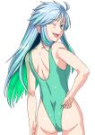  1girl ass blue_hair colored_inner_hair cowboy_shot fate/grand_order fate_(series) from_behind green_eyes green_hair green_leotard green_one-piece_swimsuit hai_(h81908190) highleg highleg_leotard kukulkan_(fate) leotard long_hair looking_at_viewer looking_back multicolored_hair one-piece_swimsuit simple_background solo swimsuit white_background 