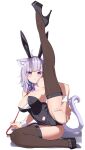  1girl :d absurdres ahoge animal_ear_fluff animal_ears bare_shoulders black_footwear black_leotard blush bow bowtie breasts cat_cutout cat_ears cat_girl cat_tail cleavage clothing_cutout covered_navel detached_collar extra_ears fake_animal_ears fishnet_thighhighs fishnets full_body high_heels highres holding holding_leash hololive large_breasts leash leg_up legs leotard looking_at_viewer nekomata_okayu purple_bow purple_bowtie purple_eyes purple_hair rabbit_ears shinomu_(cinomoon) shoes short_hair simple_background smile solo stiletto_heels strapless strapless_leotard tail teeth thighhighs thighs white_background white_wrist_cuffs wrist_cuffs 