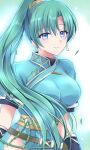  1girl aqua_dress belt blue_eyes breasts commentary_request dress earrings fire_emblem fire_emblem:_the_blazing_blade green_hair highres jewelry kirishima_riona large_breasts long_hair looking_at_viewer lyn_(fire_emblem) ponytail short_sleeves smile solo upper_body very_long_hair yellow_belt 