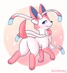  absurd_res ambiguous_gender canid canine canis coille digital_media_(artwork) domestic_dog eeveelution feral fur generation_6_pokemon hi_res looking_at_viewer mammal nintendo pink_body pink_fur pokemon pokemon_(species) simple_background smile solo sylveon white_body white_fur 
