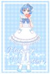  1girl absurdres alternate_costume apron bangs bishoujo_senshi_sailor_moon blue_dress blue_eyes blue_footwear blue_hair bow box box_of_chocolates dress enmaided frilled_thighhighs frills hair_bow happy_valentine high_heels highres kuroasa24 maid mizuno_ami short_hair swept_bangs thighhighs valentine white_thighhighs 