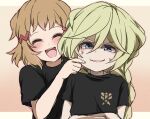  2girls :d ^_^ absurdres annoyed bangs black_shirt blonde_hair blue_eyes blush braid brown_hair carol_malus_dienheim closed_eyes crossed_arms highres kasaki_naru long_hair multiple_girls open_mouth portrait senki_zesshou_symphogear shirt short_hair sketch smile tachibana_hibiki_(symphogear) v-shaped_eyebrows 