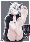  1girl arknights barefoot black_nails boots boots_removed feet fingerless_gloves flickmann_ss foot_focus gloves grin highres lappland_(arknights) nail_polish no_socks panties scar scar_across_eye sharp_teeth simple_background smile soles solo teeth toenail_polish toenails toes underwear white_hair white_panties 