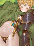  1girl :o andrewcockroach armor ass_visible_through_thighs bikini_armor breasts cape fantasy female_pubic_hair gauntlets green_eyes highres jewelry looking_at_viewer lying messy_hair navel on_back original pauldrons pubic_hair short_hair shoulder_armor small_breasts solo sword thigh_gap weapon 