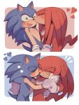  2boys animal_ears animal_nose artist_name blue_background blue_fur blush border brown_background closed_eyes closed_mouth english_commentary furry furry_male gloves green_eyes hand_up hands_up heart hedgehog hedgehog_ears hedgehog_tail highres kiss kissing_cheek knuckles_the_echidna looking_at_another male_focus multiple_boys open_mouth outside_border red_fur sharp_teeth simple_background sk_rokuro smile sonic_(series) sonic_the_hedgehog surprised tail teeth white_border white_gloves yaoi 